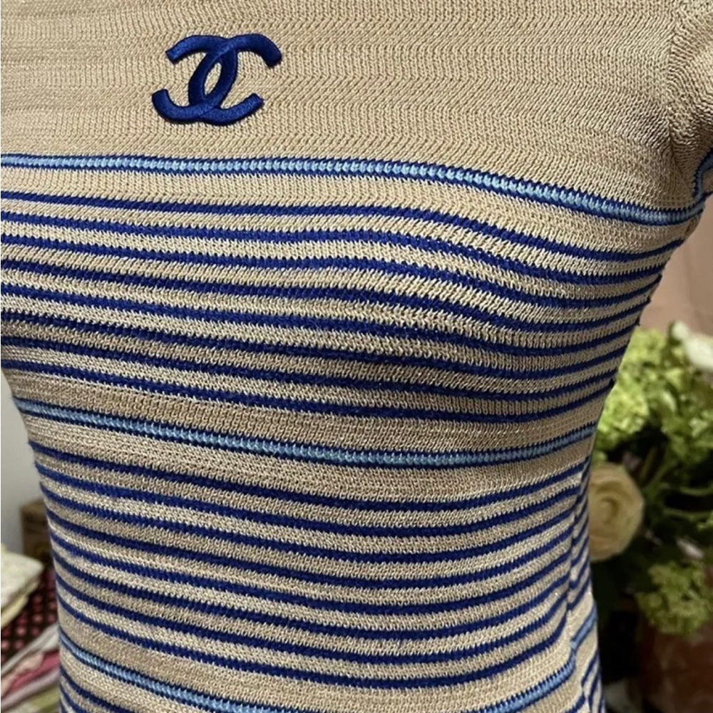 Iconic Chanel Cruise 2019 Collection Beige/Blue Logos Embroidered Blouse.